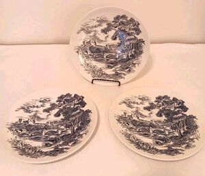 Vtg Enoch Wedgwood "Countryside" Blue & White 10" Dinner Plates Set Of 3 1960